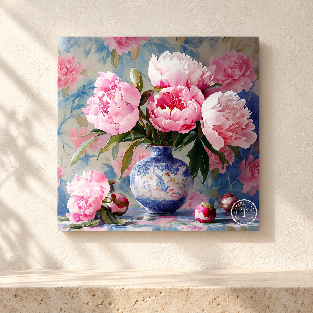 Peony & Porcelain Glossy Metal Print — 12″ × 12″