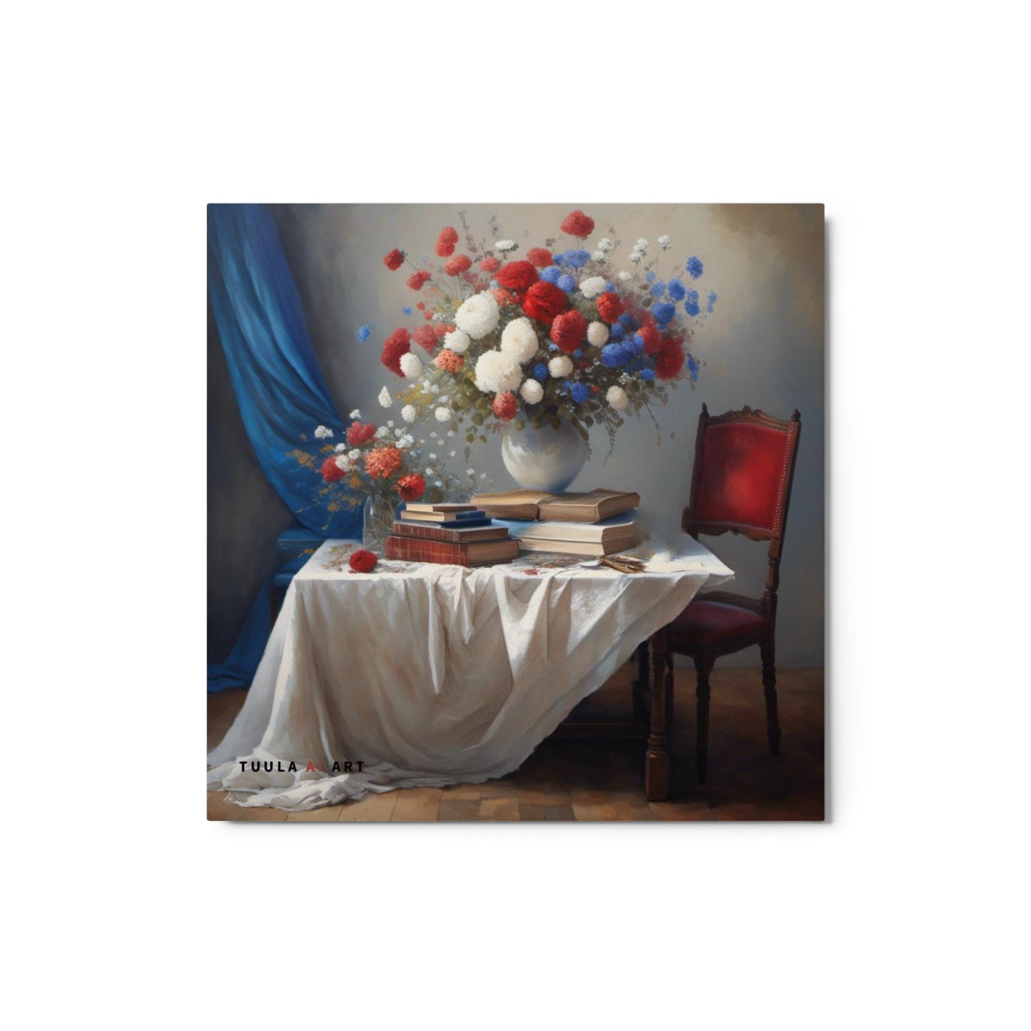 table with a chair, vase with flowers on table, books