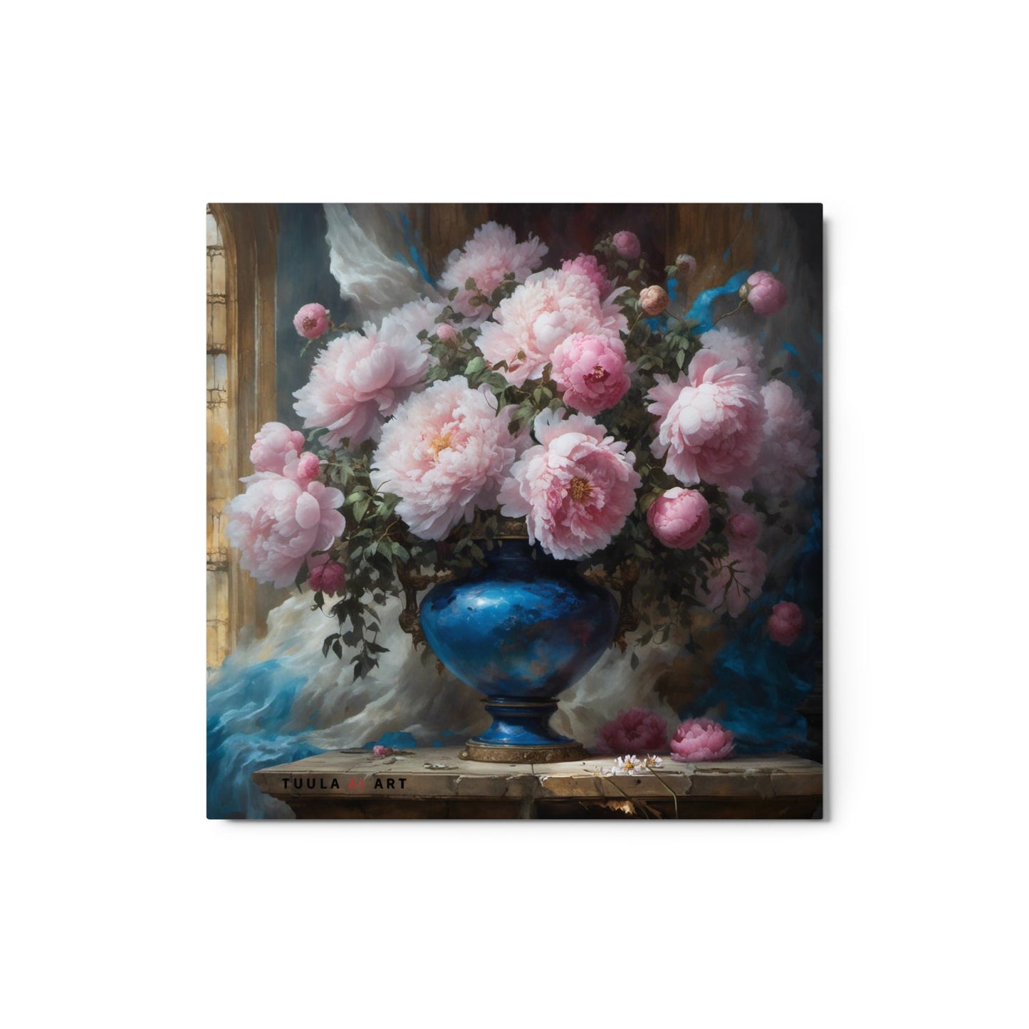 pink peonies still life blue vase metal art print, perfect for wall decor