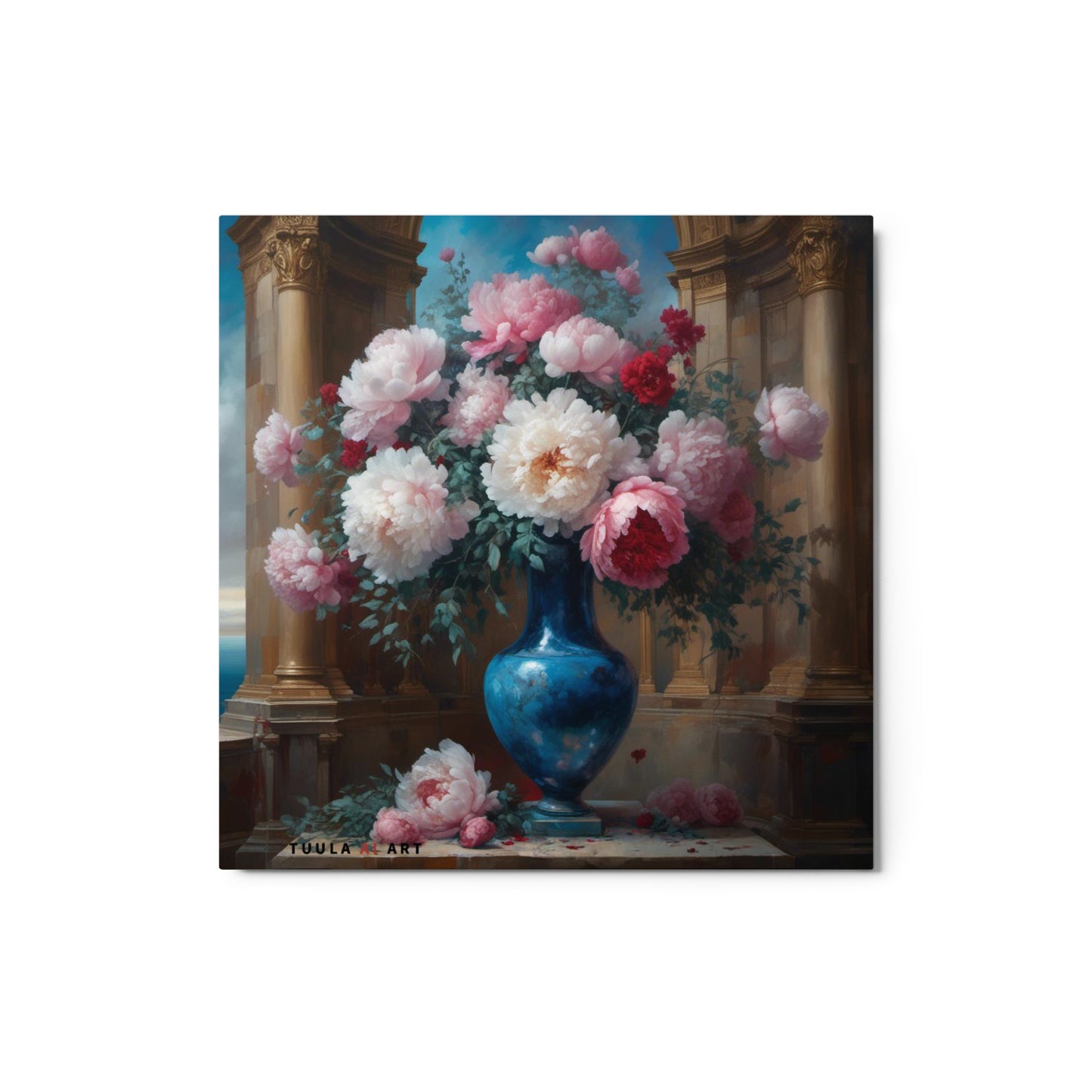 peony still life with ocean view architectural background