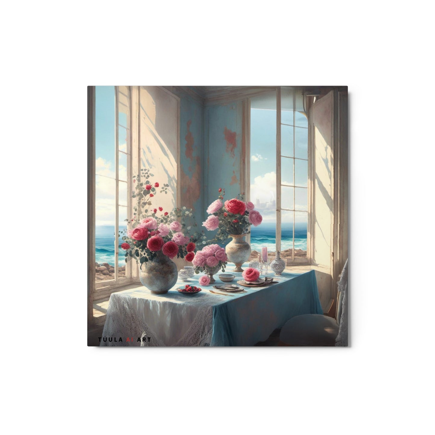 This image depicts a serene and elegant coastal-themed interior scene. A sunlit room with distressed pastel blue walls and large open windows overlooks a breathtaking ocean view. A table draped with a soft blue cloth, adorned with delicate lace accents, takes center stage. It is set with fine china, silverware, and crystal glassware, creating a luxurious dining arrangement. The highlight of the table is the abundant display of vibrant flowers, primarily pink and red roses, in rustic ceramic vases.