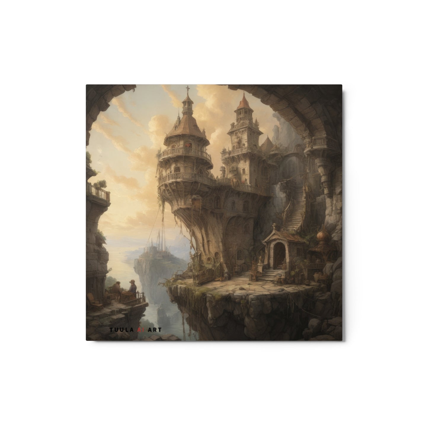 Product mockup:The image showcases an enchanting cliffside fantasy house, seemingly carved from the rock face and featuring intricate gothic architecture. The castle is perched precariously over a vast drop, with multiple turrets, arched stairways, and bridges connecting different sections. A whimsical market scene unfolds on the left, with figures interacting amidst the picturesque backdrop of misty skies and distant towers across the valley.