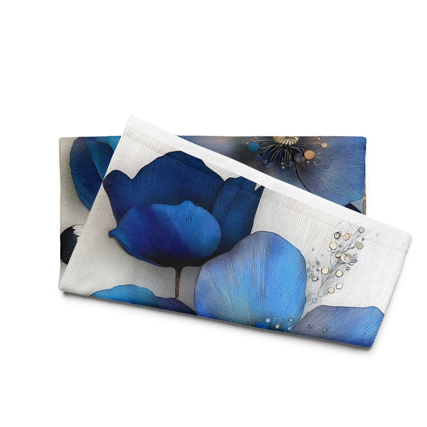 Indigo Poppies Hand Towel II — Soft Print Front, Absorbent Cotton Back (16" × 28")