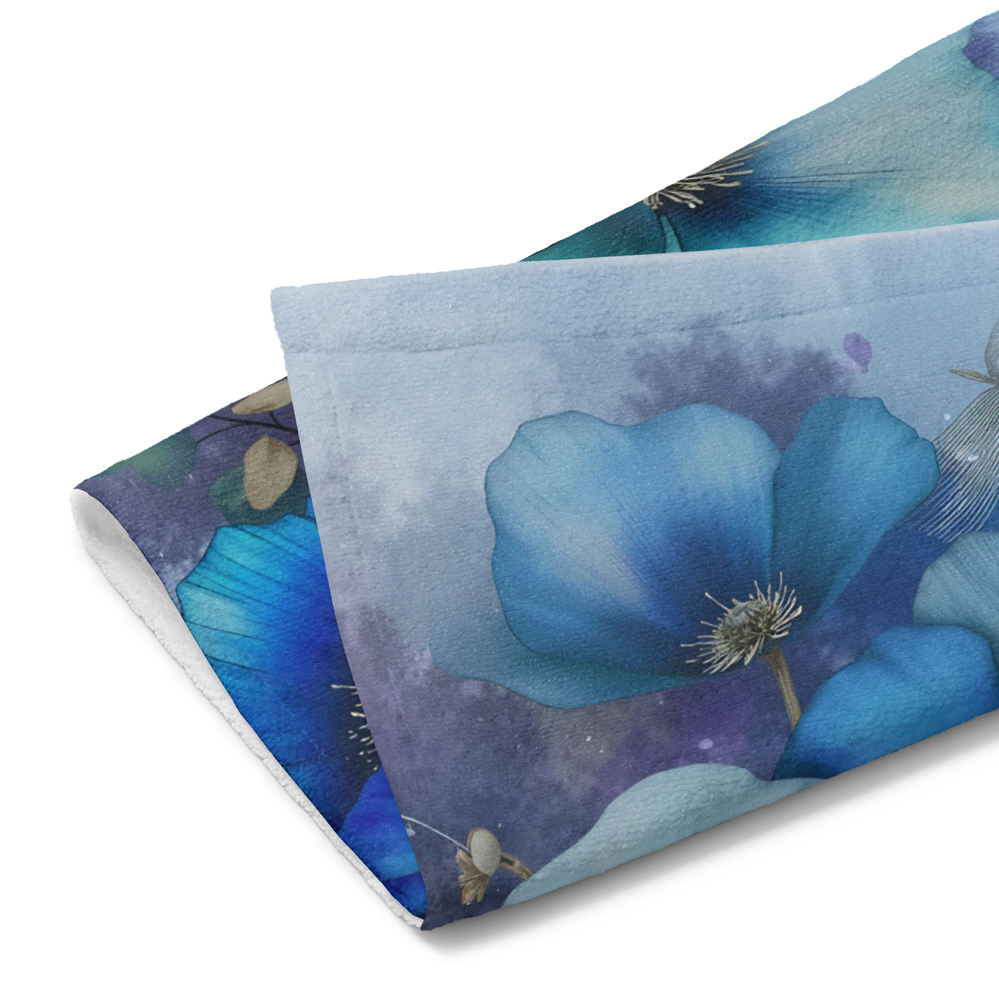 Blue Poppies Hand Towel I — Soft Print Front, Absorbent Cotton Back (16" × 28")