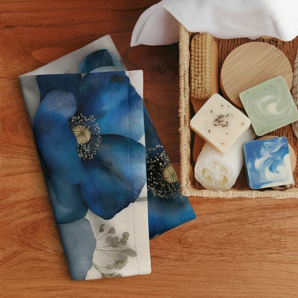 Indigo Poppies Hand Towel III — Soft Print Front, Absorbent Cotton Back (16" × 28")