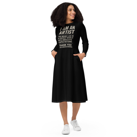 Artist Midi Dress — Soft Knit, Long Sleeves, Pockets