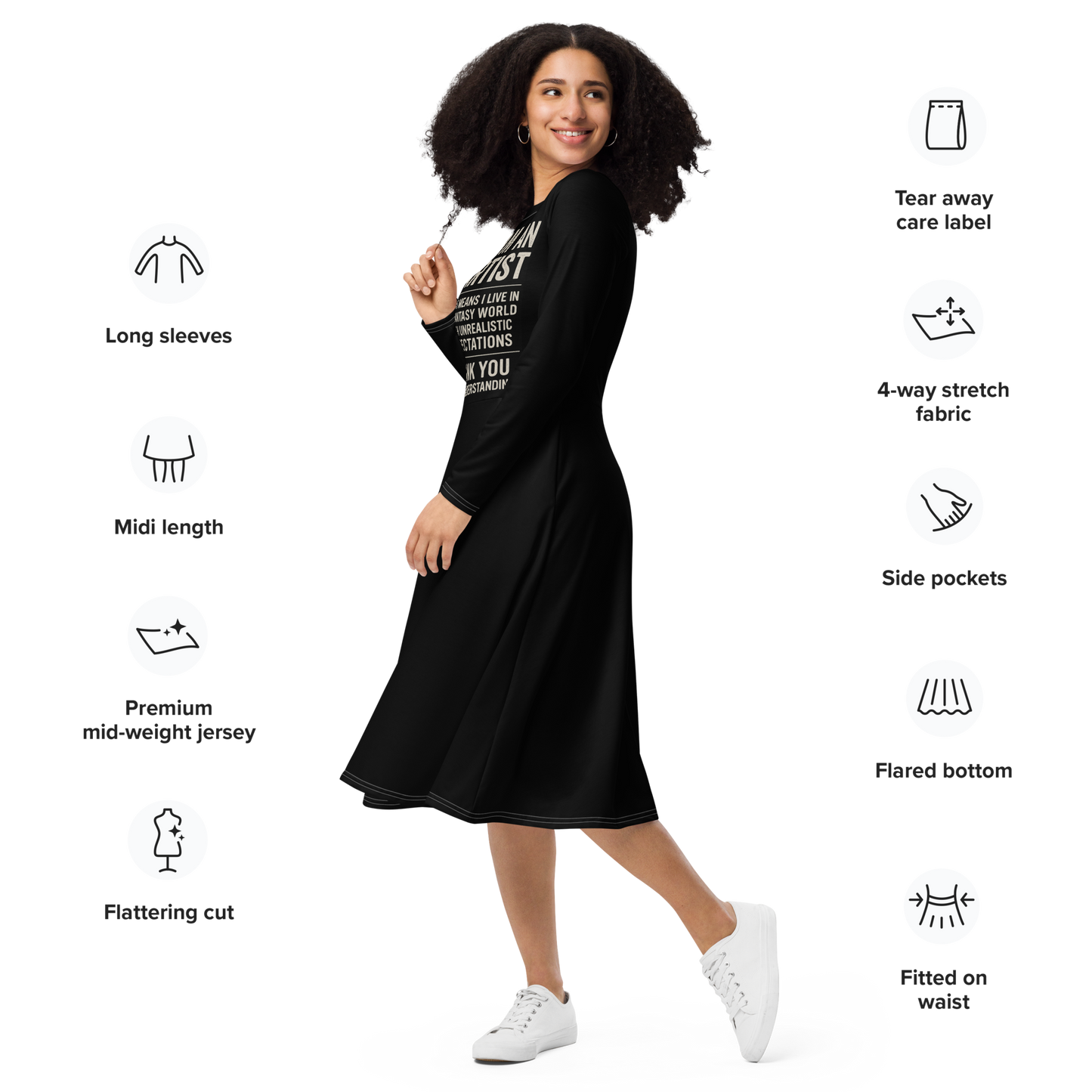 Woman wearing a black dress with product features listed on the right