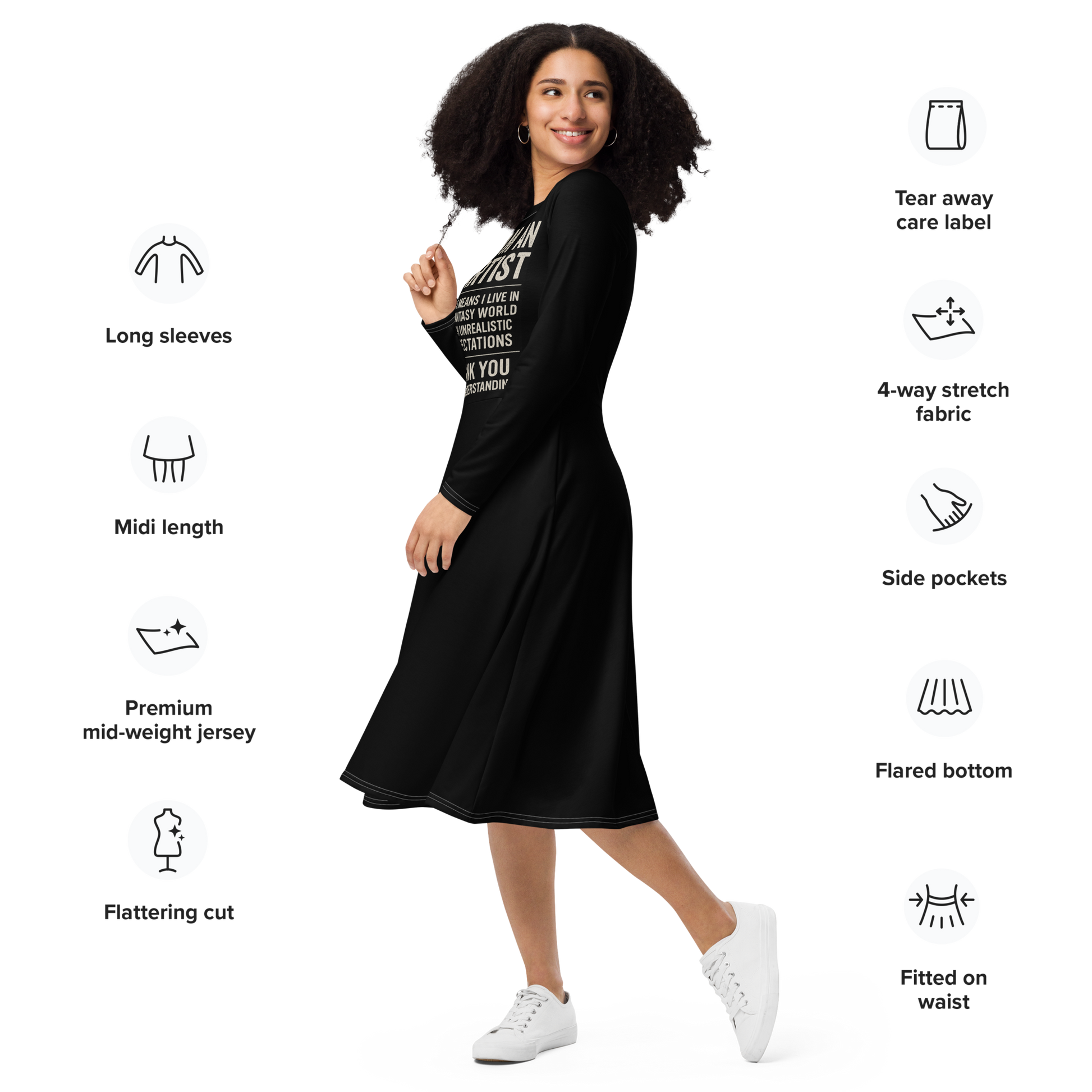 Woman wearing a black dress with product features listed on the right