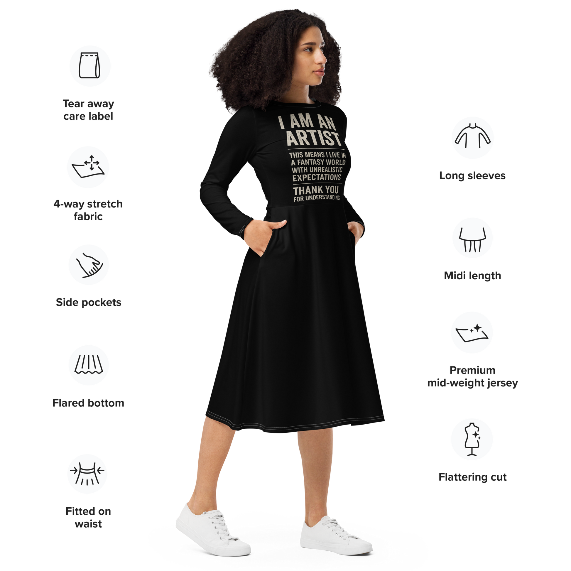 Black dress with text 