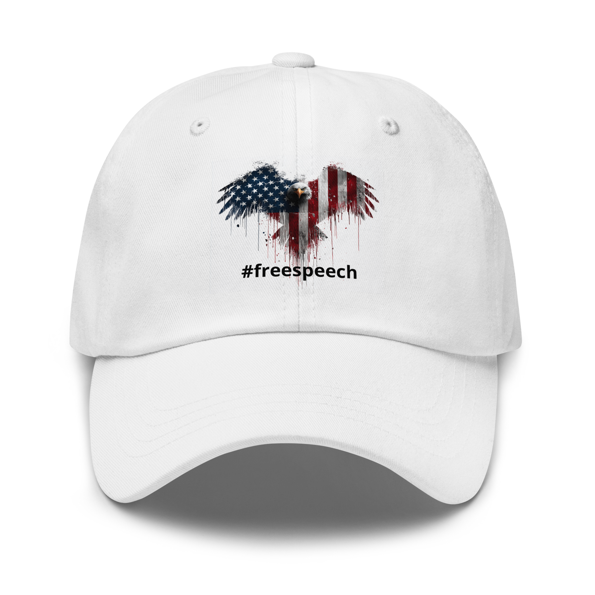 White cap with an eagle and American flag design and '#freespeech' text on a white background