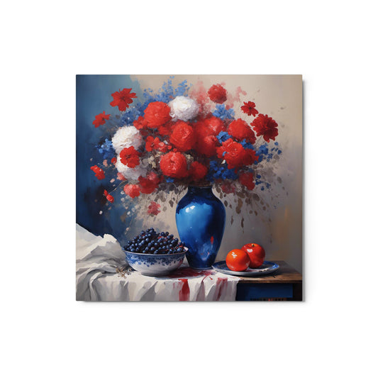 The image displays a vibrant still life painting featuring a bouquet of red and white flowers in full bloom, arranged in a deep blue vase. The vase is placed on a surface next to a bowl filled with blueberries and two ripe, red tomatoes, adding to the color contrast. The background is neutral with splashes of color that echo the flowers’ hues, creating an impression of movement and liveliness.