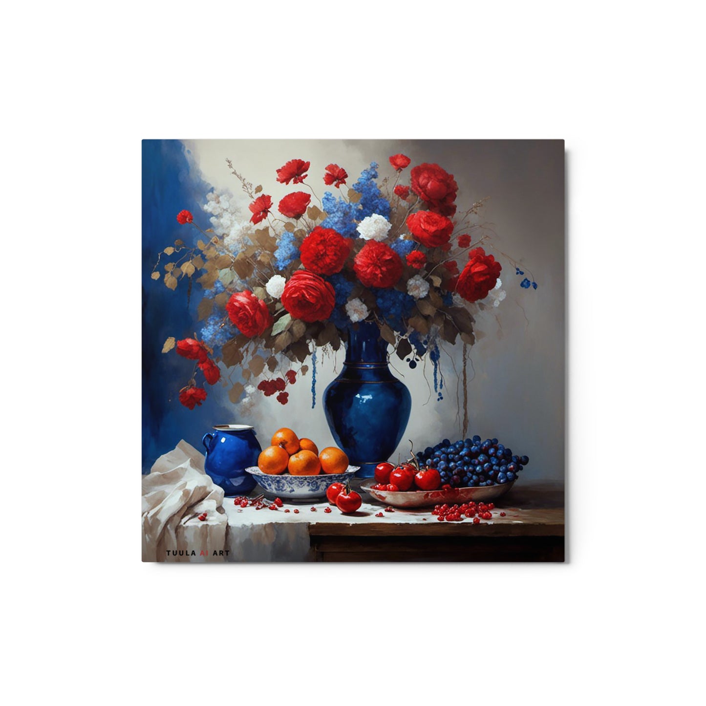 The image depicts a still life painting featuring a central deep blue vase with an array of red and white flowers. The vase sits on a surface with scattered fruits, including oranges and possibly apples, alongside another smaller blue container that may hold blueberries. The background is abstract with hints of lighter colors suggesting a burst of light or space around the bouquet, giving the impression of vibrancy and movement.