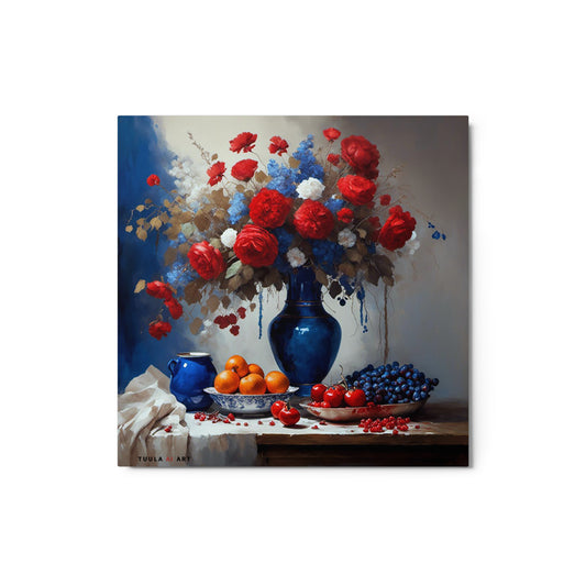 The image depicts a still life painting featuring a central deep blue vase with an array of red and white flowers. The vase sits on a surface with scattered fruits, including oranges and possibly apples, alongside another smaller blue container that may hold blueberries. The background is abstract with hints of lighter colors suggesting a burst of light or space around the bouquet, giving the impression of vibrancy and movement.