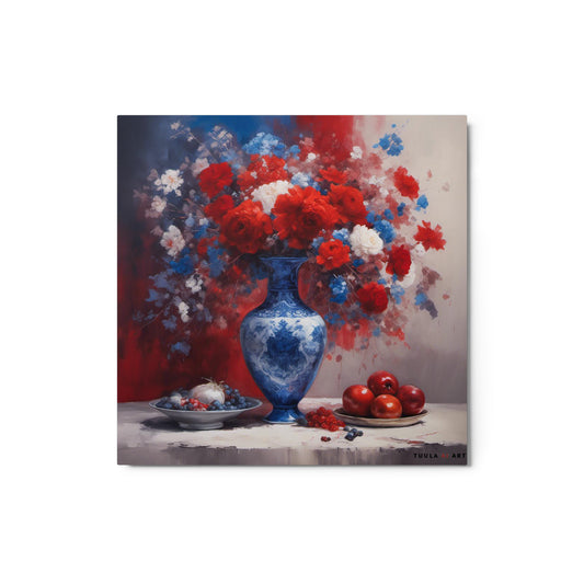 red, white and blue flowers in a vase, still life