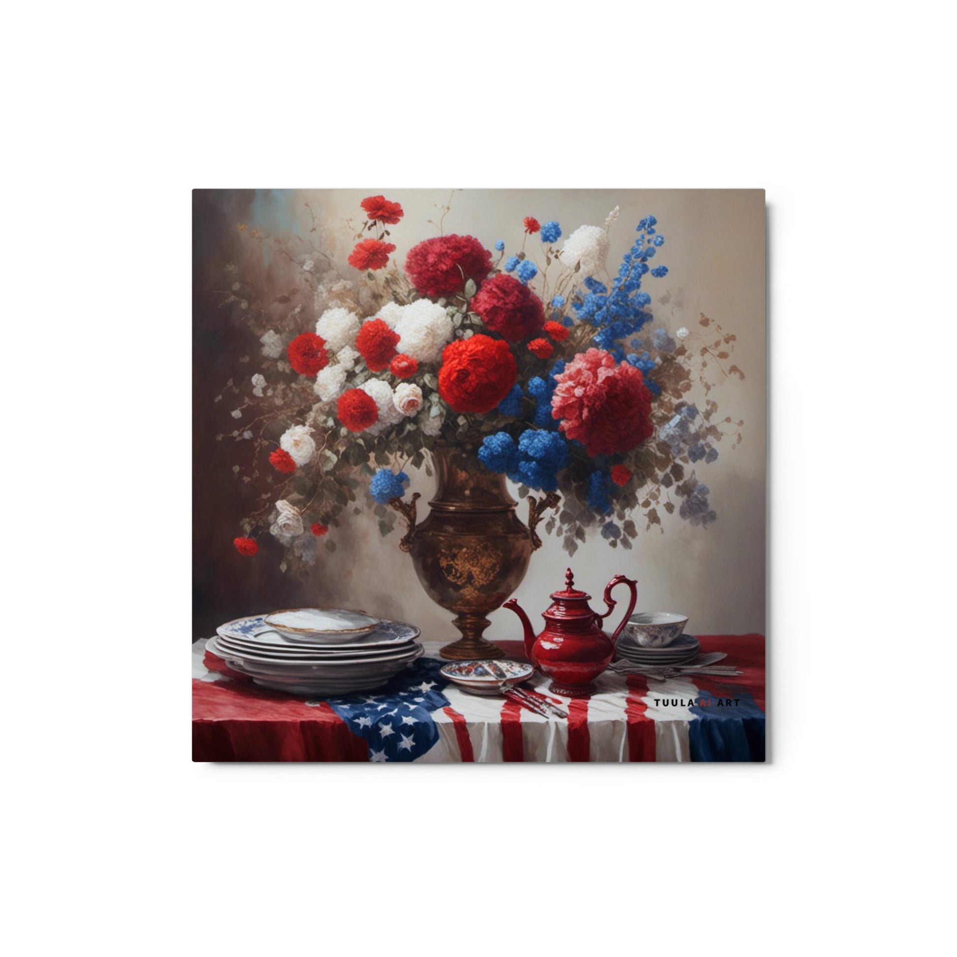 US flag, patriotic colors, floral arrangement, table setting