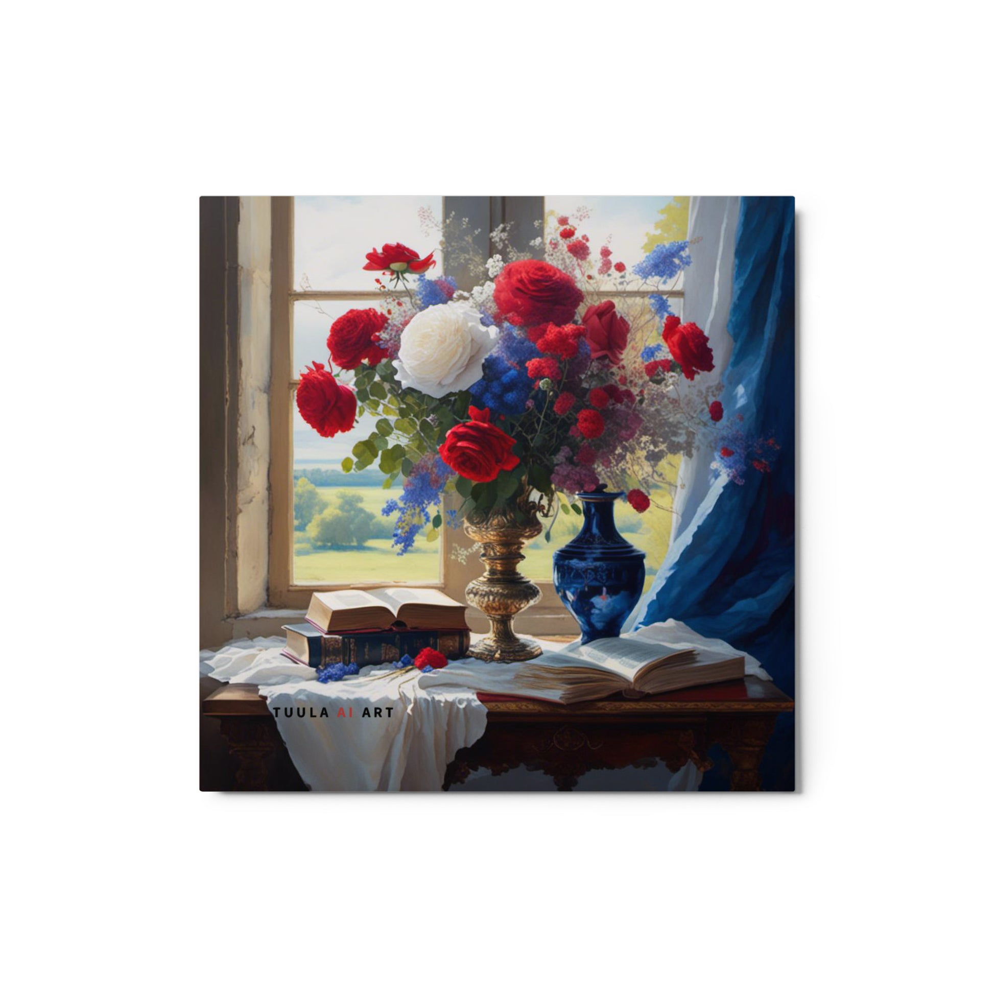 The image depicts a still life scene set near a window. The focal point is a vase filled with vibrant red and white flowers, possibly roses, which are associated with love and purity. The vase sits on a table covered with a white cloth, suggesting an elegant setting. Beside the vase are two books, one closed and one open, indicating a moment of leisure or study. A blue drape hangs to the right side of the window, adding a touch of color contrast to the scene and perhaps symbolizing tranquility or stability.