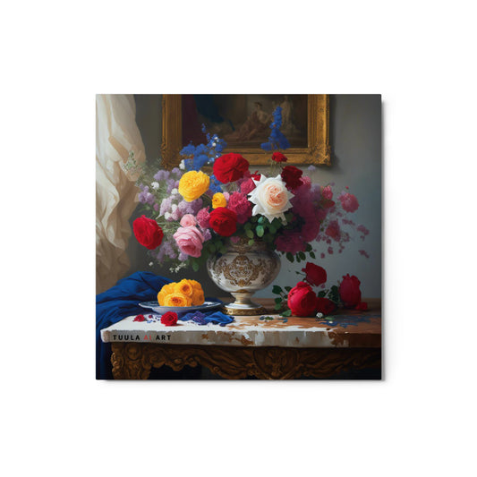 Metal art print of a colorful flower still life, perfect for home decor