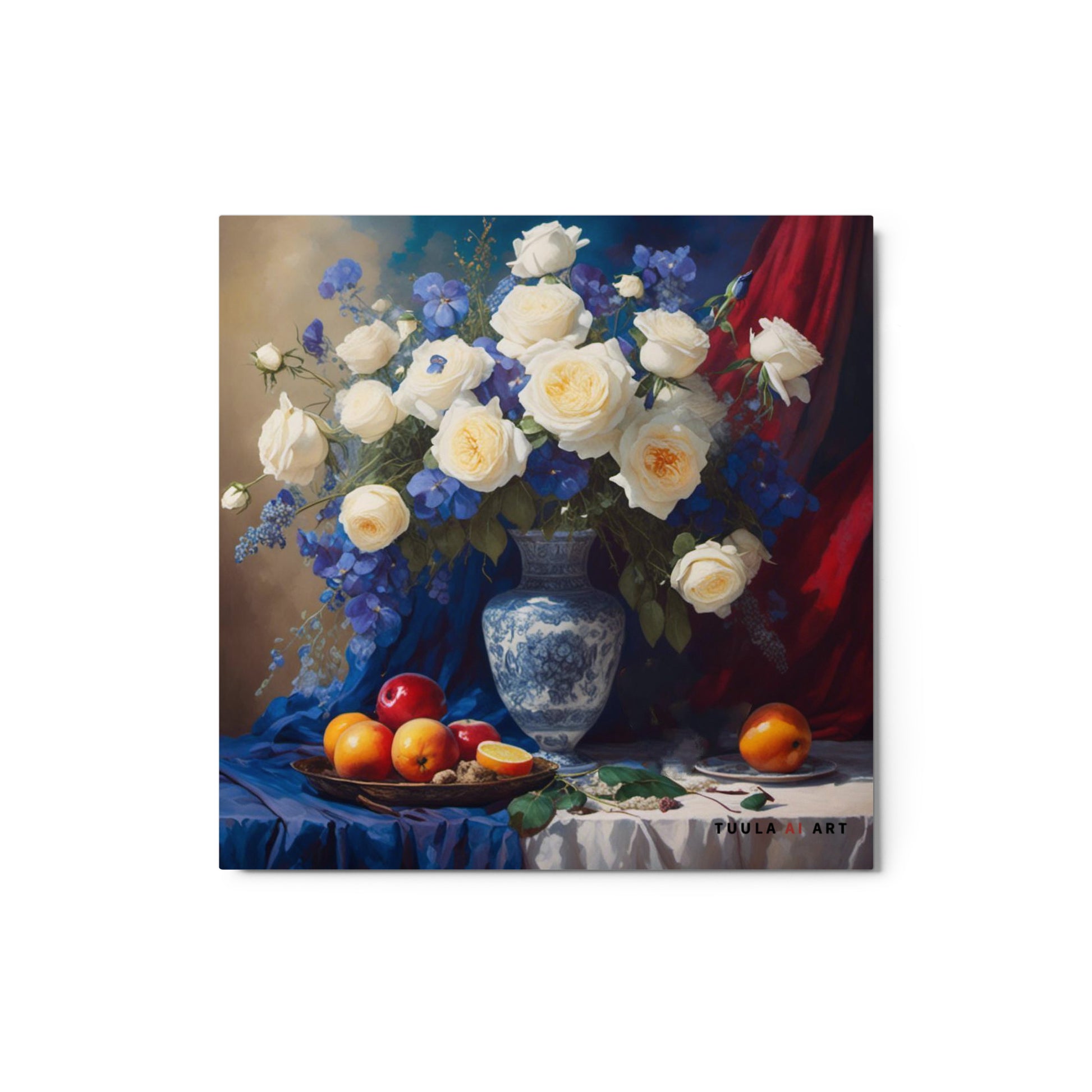 white roses, blue flowers, intricate vase, fruit on table