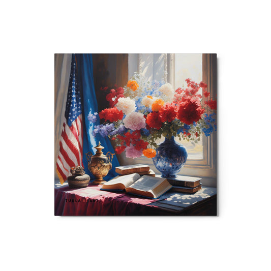 USA flag, still life with flowers, books