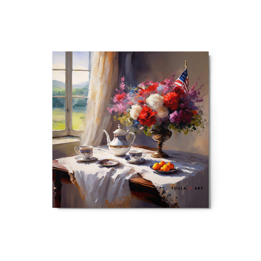 US flag, traditional still life, tea setting, view outside