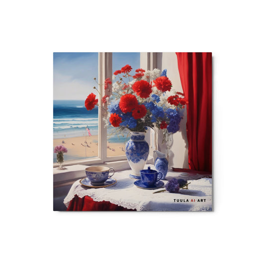 table still life, coffee cup, views to the beach, USA flag