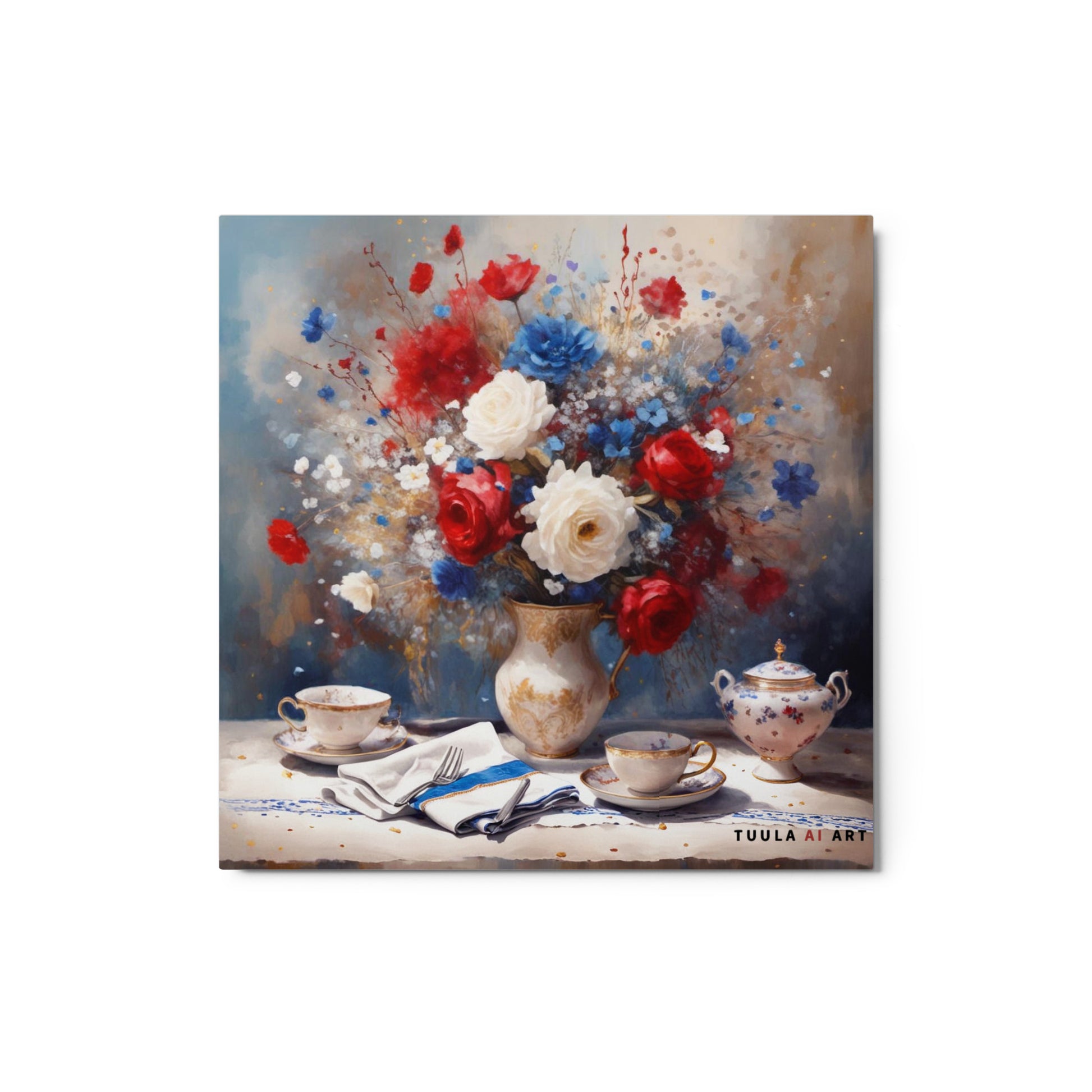 elegant floral still life metal art print with teacups and red, white and blue flowers, nostalgic wall decor