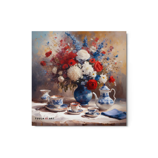 The image depicts a still life painting featuring a vibrant bouquet of red, white, and blue flowers arranged in a deep blue vase. The arrangement is set against a soft, neutral background that allows the colors to pop. Accompanying the floral display are two white teacups with saucers and a small teapot, suggesting an inviting atmosphere for tea. The patriotic color palette gives the artwork a sense of national pride.