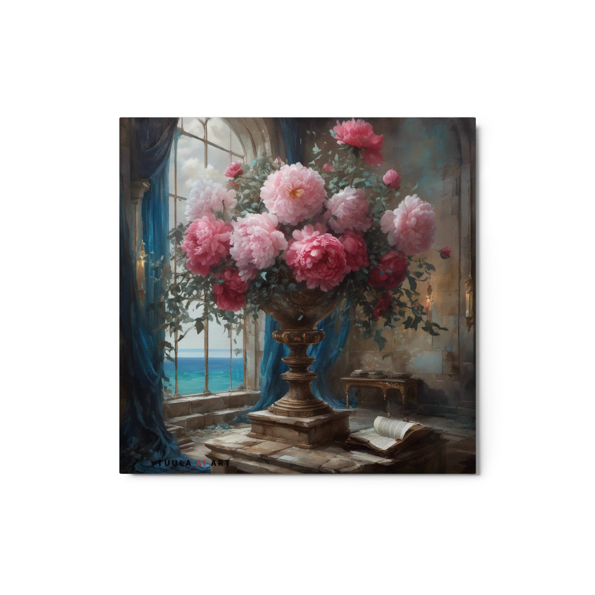 peonies in a vase, book, ocean vista