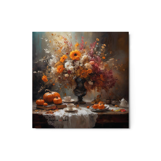 colorful floral arrangements fall colors, table setting for tea, pumpkins 