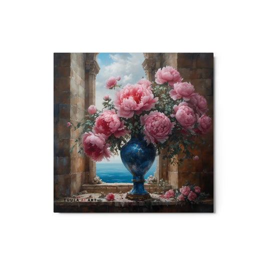 pink peonies, ocean view, still life