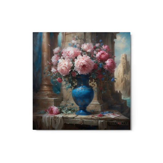 A classical still life scene featuring a large, ornate blue vase filled with lush pink peonies. The vase is placed on a stone ledge beside an architectural column, with additional peonies scattered on the ledge and the ground. The background hints at an ancient structure under a soft sky. The text “TUULA AI ART” appears in the bottom right corner.