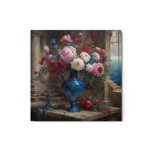 sophisticated metal art print of a vibrant peony bouquet in a blue vase