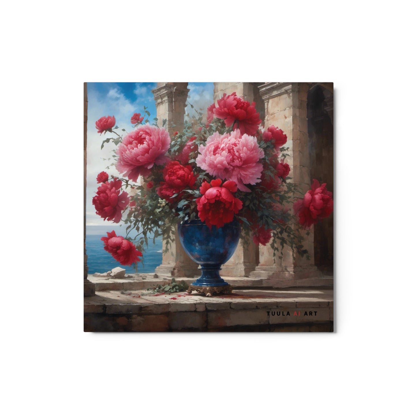 pink and red peonies in ornate blue vase with an ocean view framed by ancient pillars
