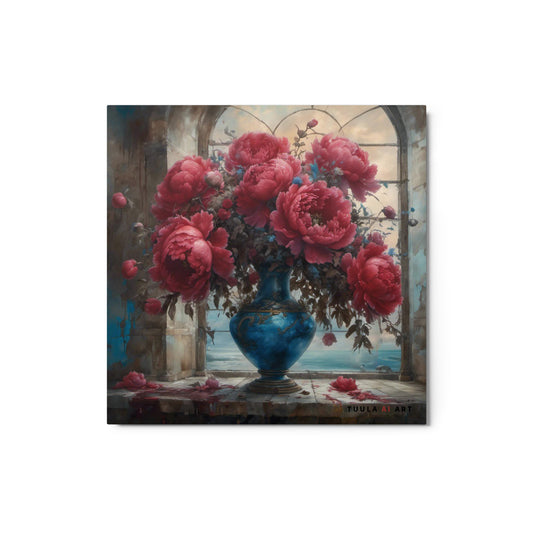 Arch window to a hazy ocean view with peony still life