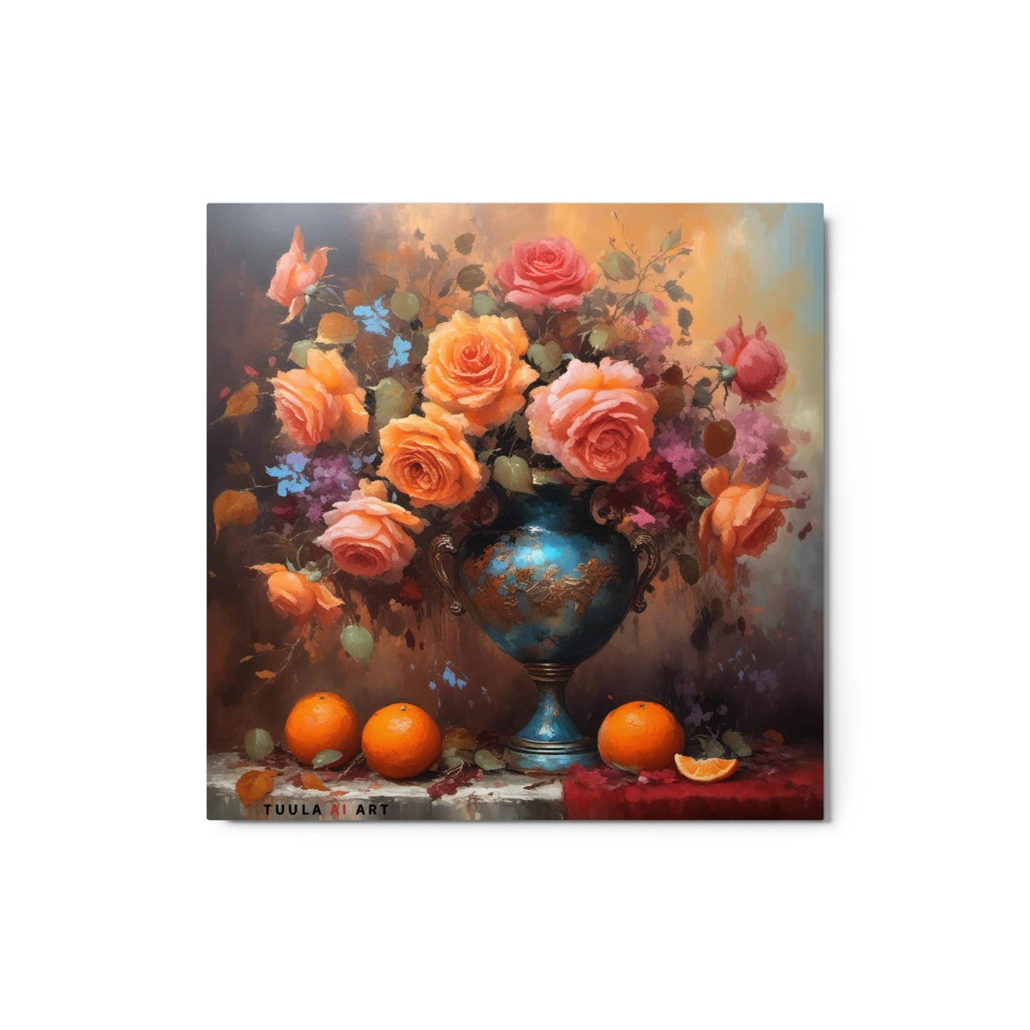 orange roses in a blue vase, oranges on table