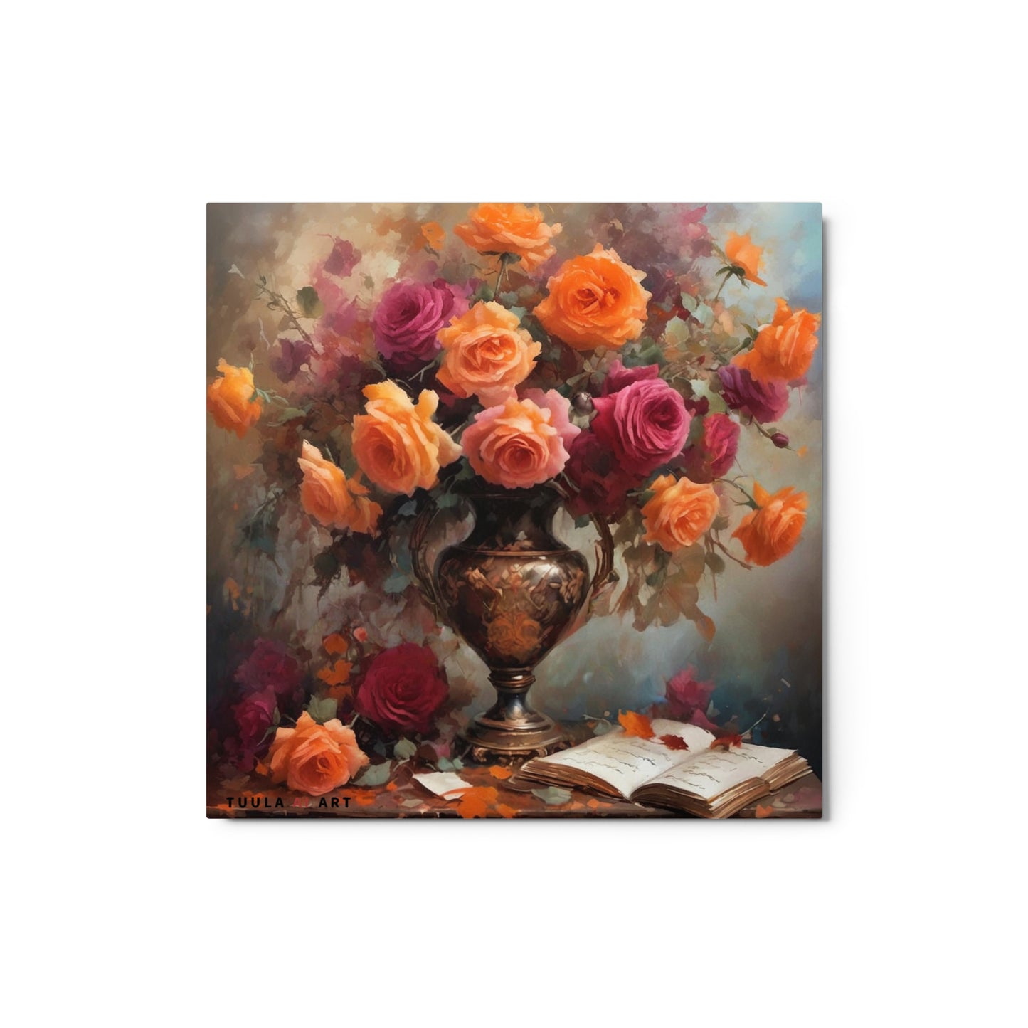 orang and red roses in an intricate vase, open book