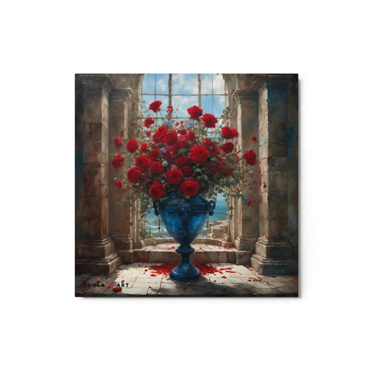 Red roses, blue vase, ocean view, ancient ruins