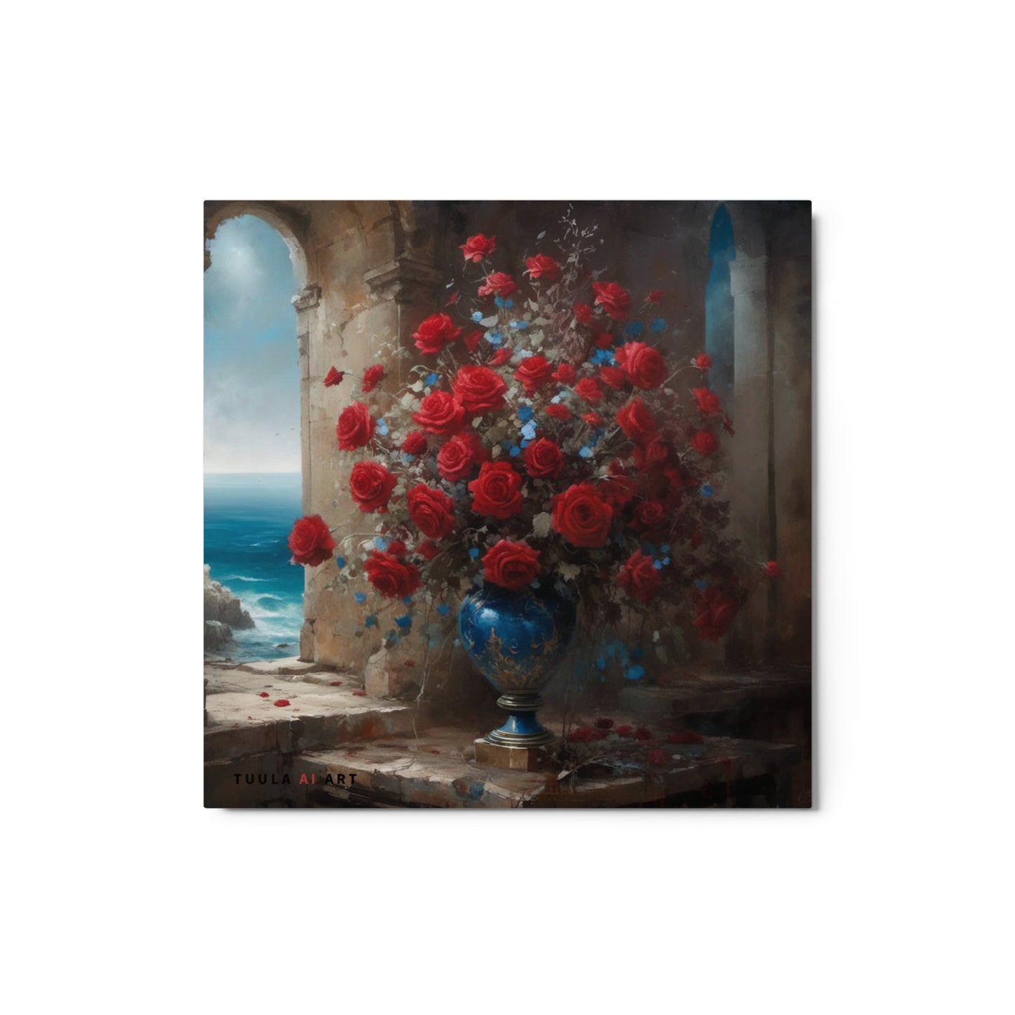 a vibrant blue vase overflowing with lush red roses, set against the backdrop of an ancient stone structure with arches, overlooking a serene seascape under a bright sky.