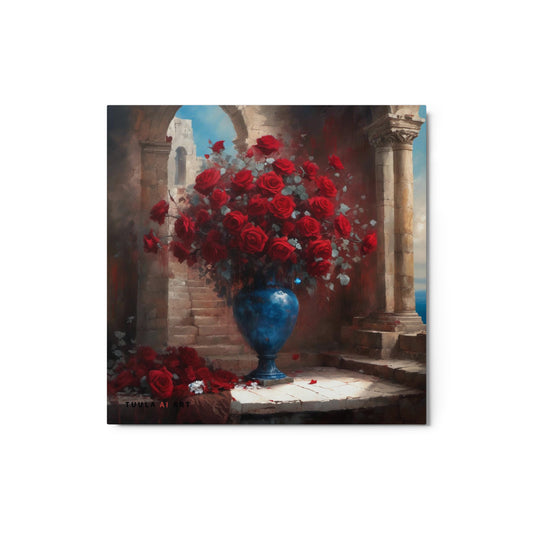 Red roses elaborate still life, ocean view, ancient ruins