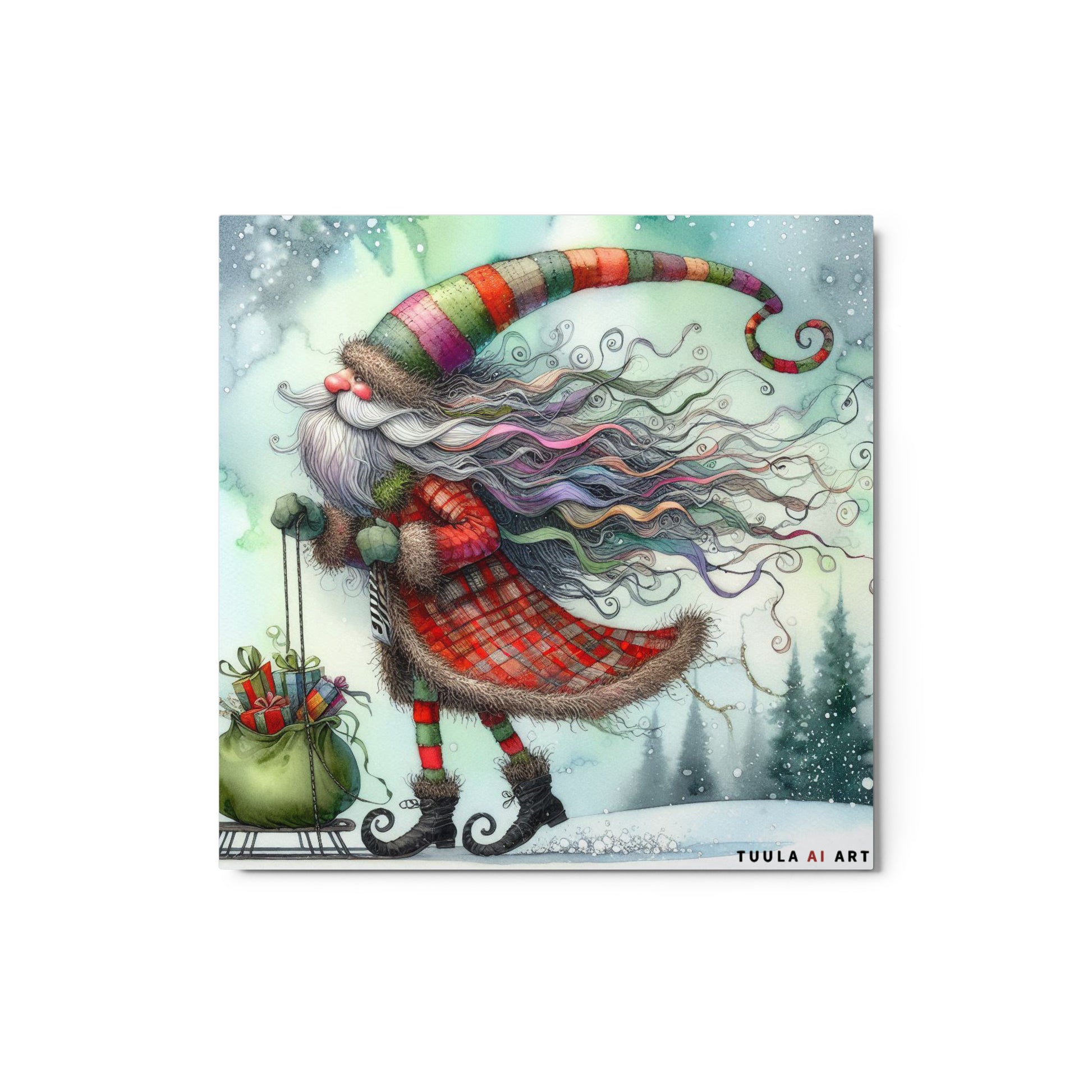 whimsical santa illustration in snow with presents