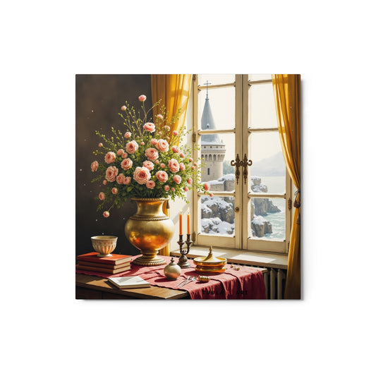The image depicts a serene indoor scene with a view of a coastal landscape through an open window. A large, ornate golden vase filled with lush pink roses sits on a table covered with a red cloth. Beside the vase are two lit candles on brass holders, casting a warm glow. A stack of aged books lies next to the vase, suggesting a quiet moment of reflection or study. The open window reveals a view of the sea with rocky cliffs and an imposing castle tower standing tall against the sky. 