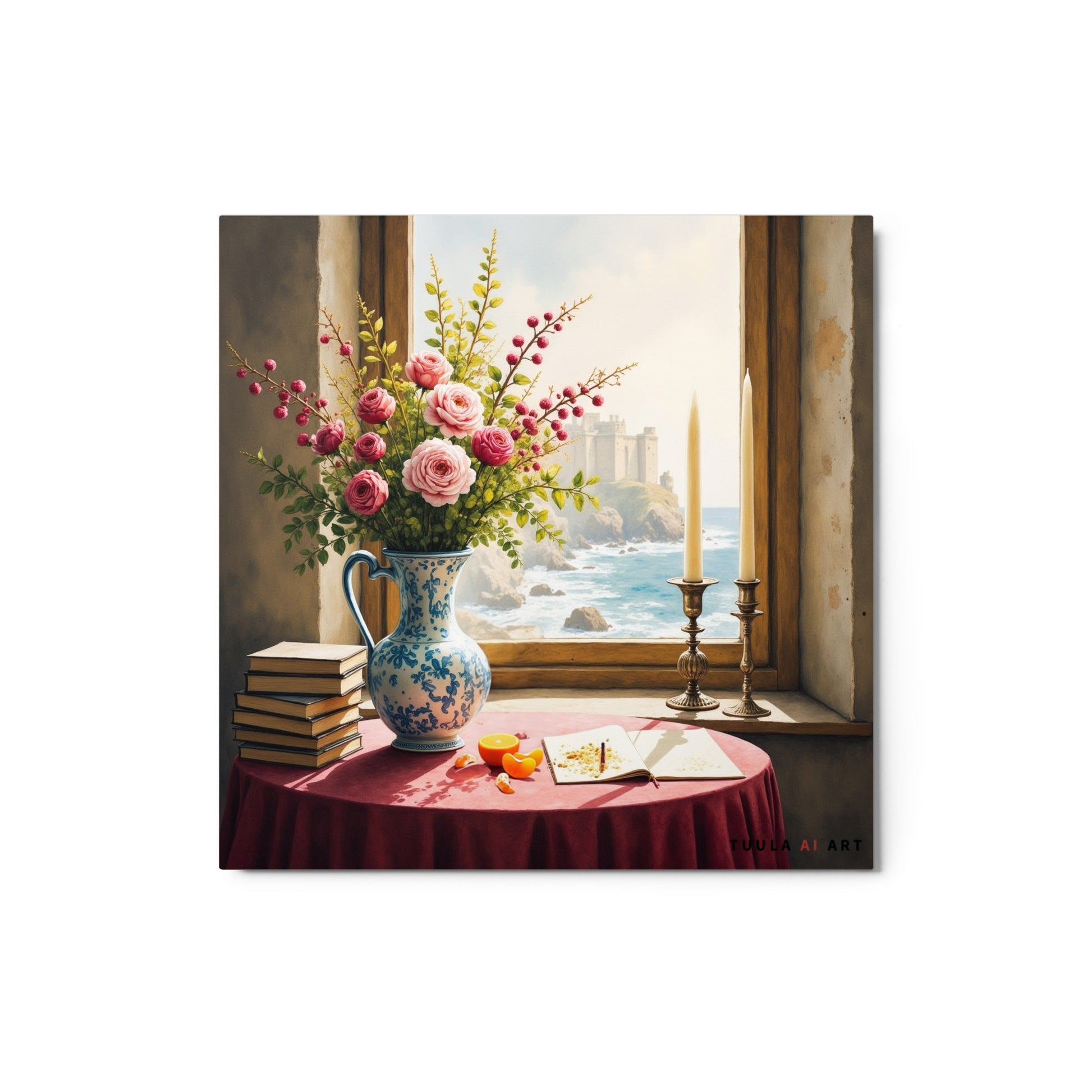 The image depicts a serene still life scene set by a window with a view of the sea. On a round table covered with a red cloth, there is an arrangement of pink roses and yellow flowers in a blue and white ceramic pitcher, next to stacked old books, an open book with writing and an orange fruit on top, and two lit candles in brass candlesticks. The window reveals a coastal landscape with rocky cliffs and waves crashing against them. A castle can be seen in the distance under the clear blue sky.