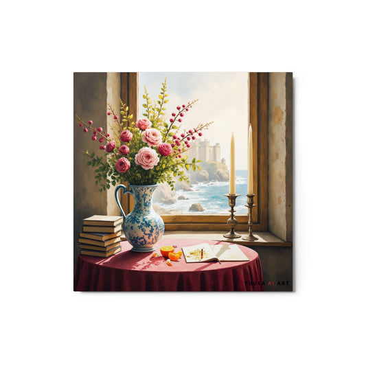 The image depicts a serene still life scene set by a window with a view of the sea. On a round table covered with a red cloth, there is an arrangement of pink roses and yellow flowers in a blue and white ceramic pitcher, next to stacked old books, an open book with writing and an orange fruit on top, and two lit candles in brass candlesticks. The window reveals a coastal landscape with rocky cliffs and waves crashing against them. A castle can be seen in the distance under the clear blue sky.
