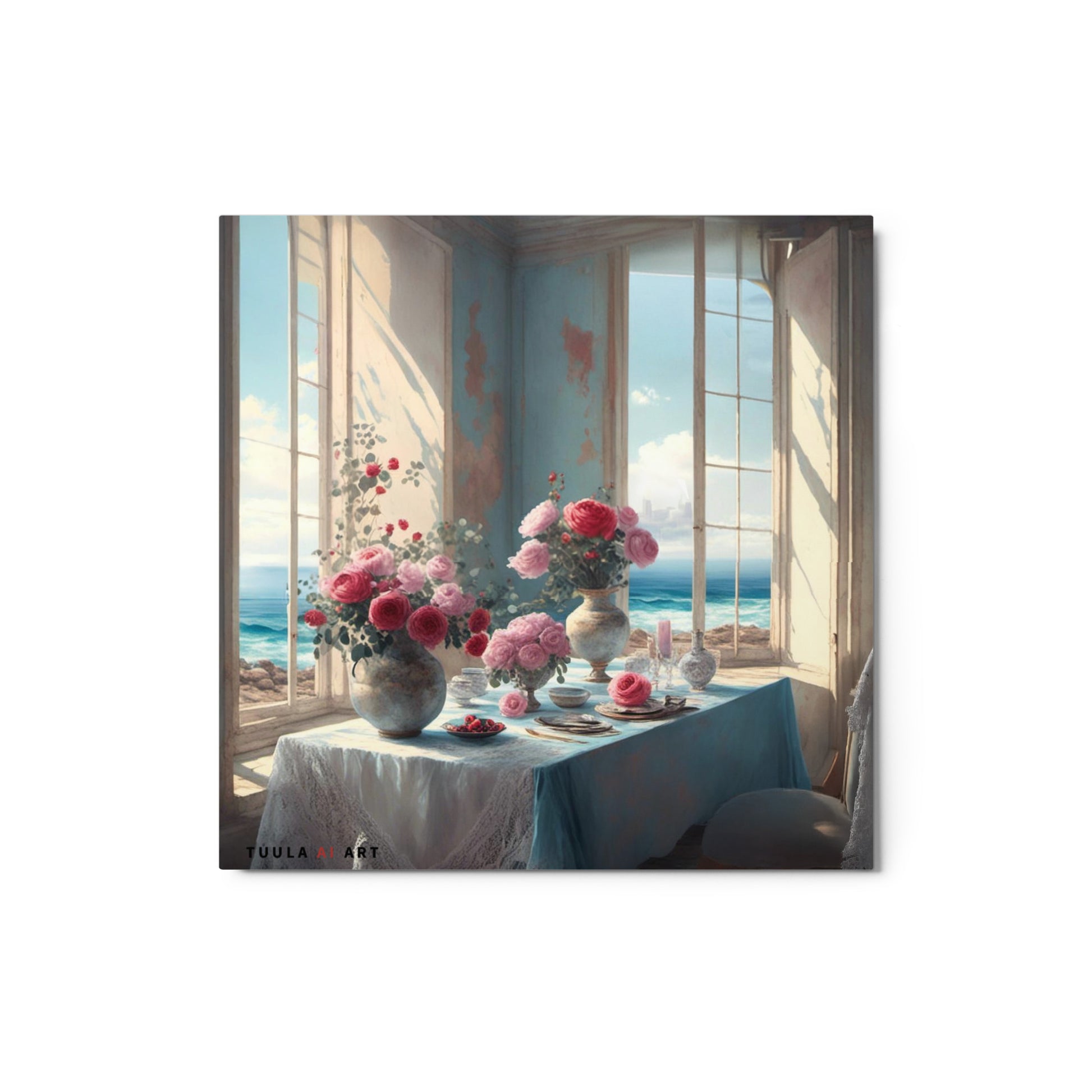 This image depicts a serene and elegant coastal-themed interior scene. A sunlit room with distressed pastel blue walls and large open windows overlooks a breathtaking ocean view. A table draped with a soft blue cloth, adorned with delicate lace accents, takes center stage. It is set with fine china, silverware, and crystal glassware, creating a luxurious dining arrangement. The highlight of the table is the abundant display of vibrant flowers, primarily pink and red roses, in rustic ceramic vases. 
