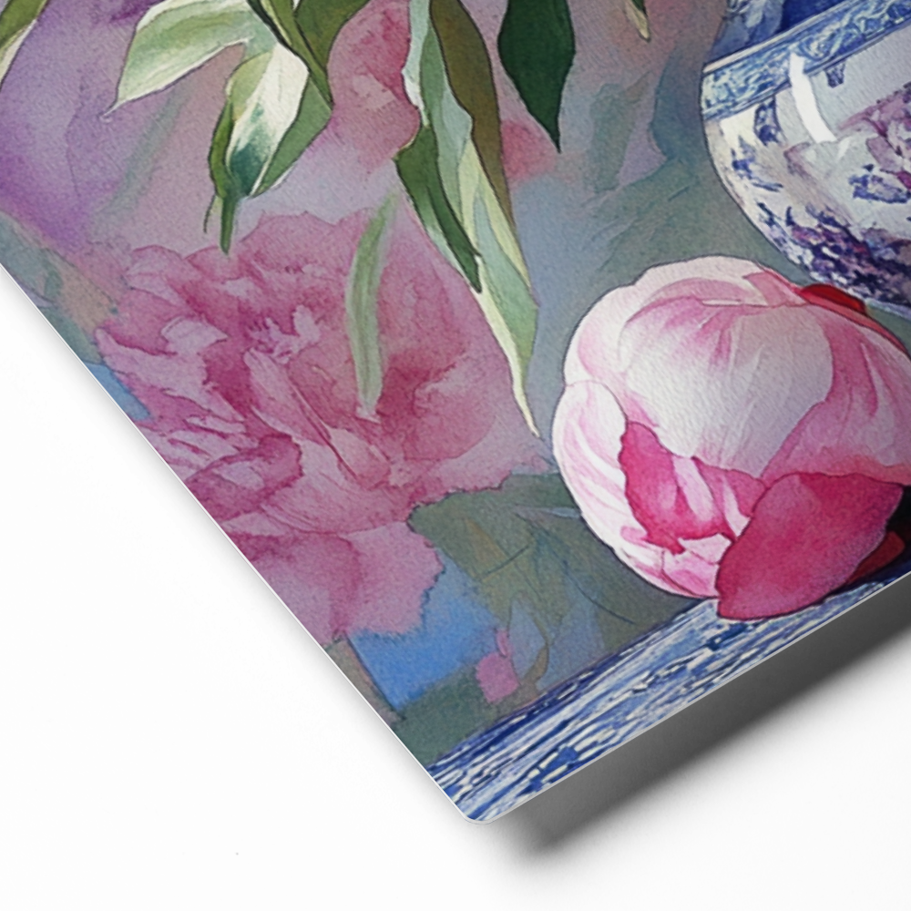 Peony & Porcelain Glossy Metal Print — 12″ × 12″