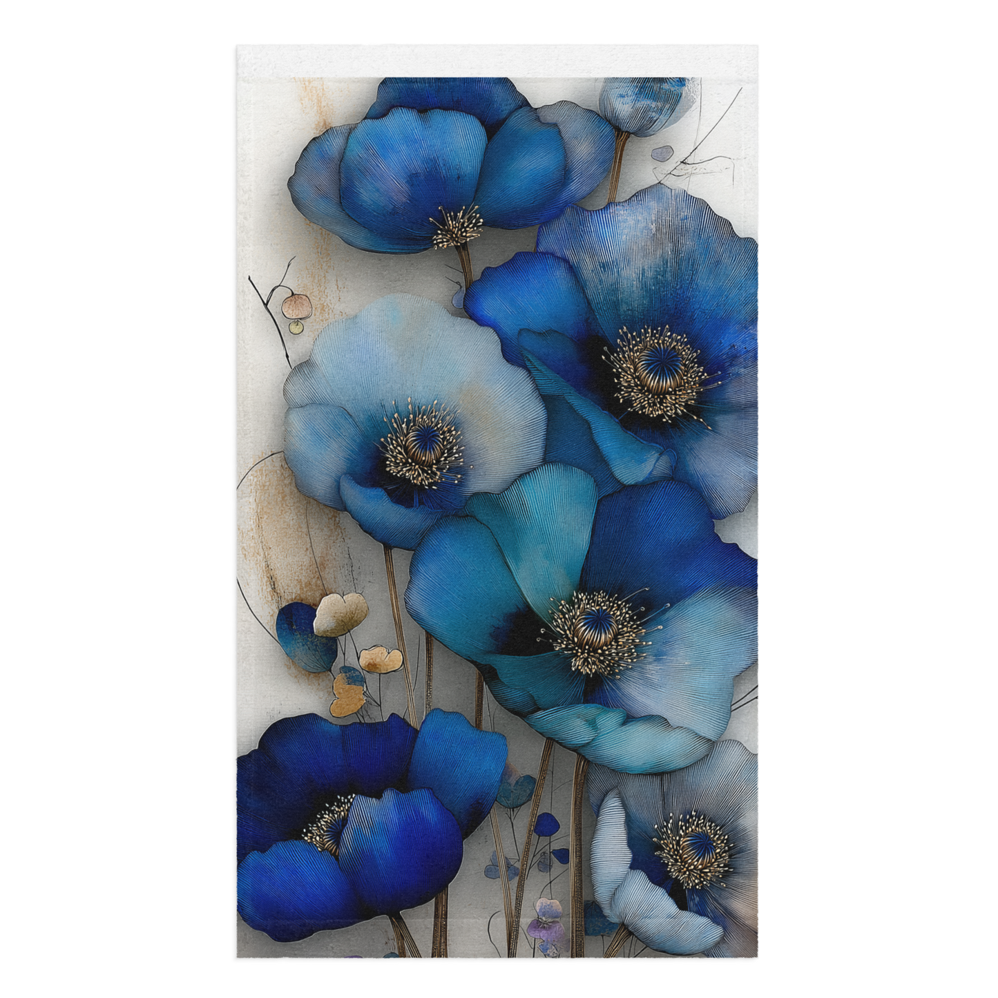 Product mockup Hand towel with indigo poppy artwork; smooth print front and cotton terry back, 16 by 28 inches.