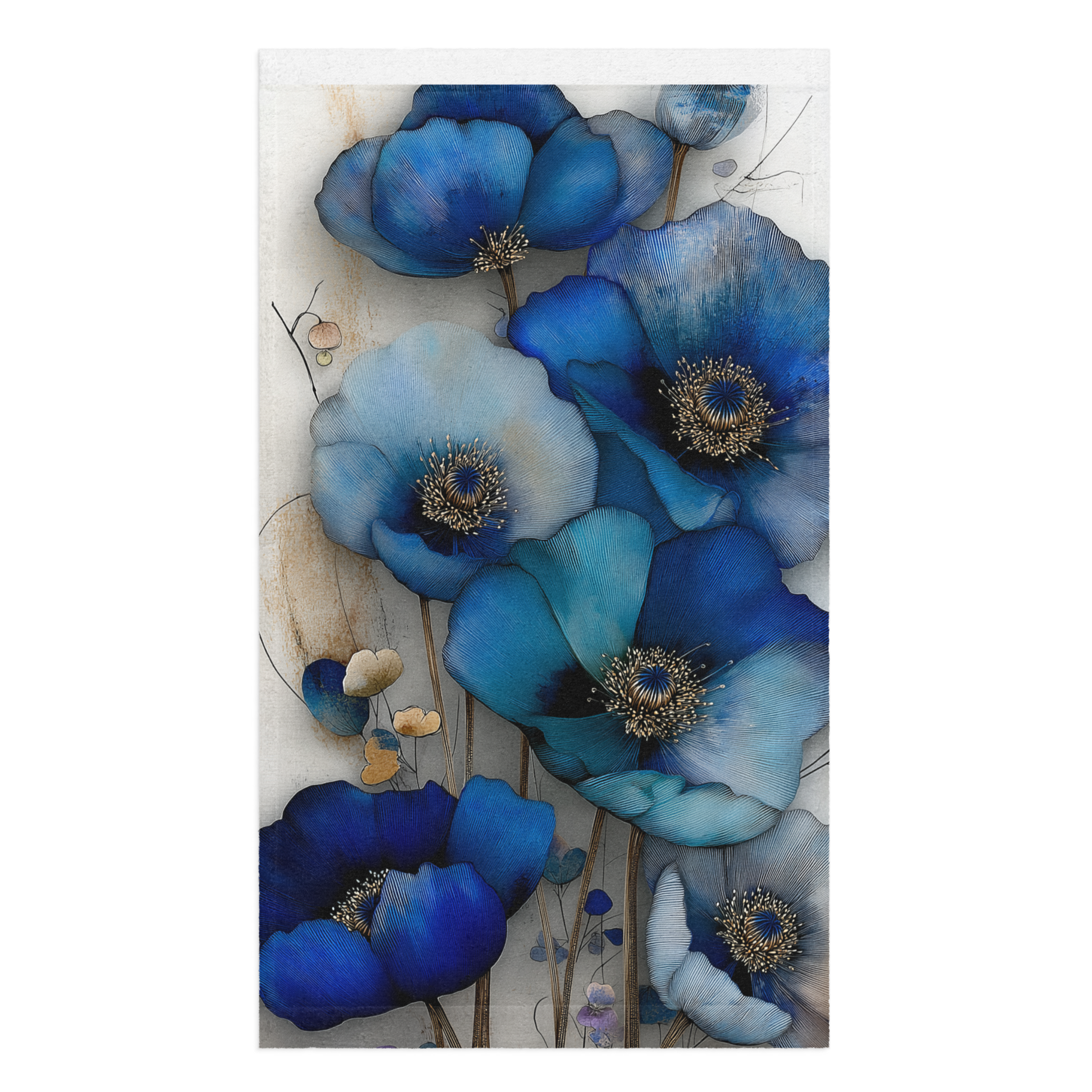 Product mockup Hand towel with indigo poppy artwork; smooth print front and cotton terry back, 16 by 28 inches.