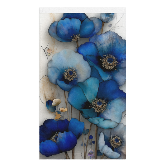 Product mockup Hand towel with indigo poppy artwork; smooth print front and cotton terry back, 16 by 28 inches.