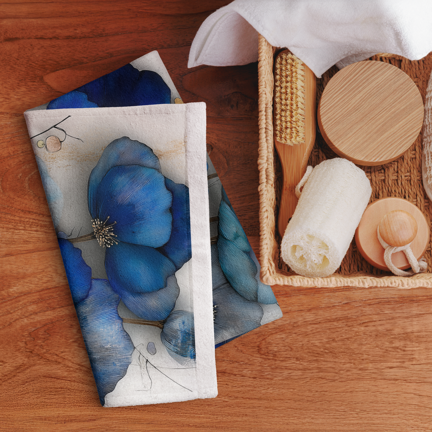 Indigo Poppies Hand Towel I — Soft Print Front, Absorbent Cotton Back (16" × 28")