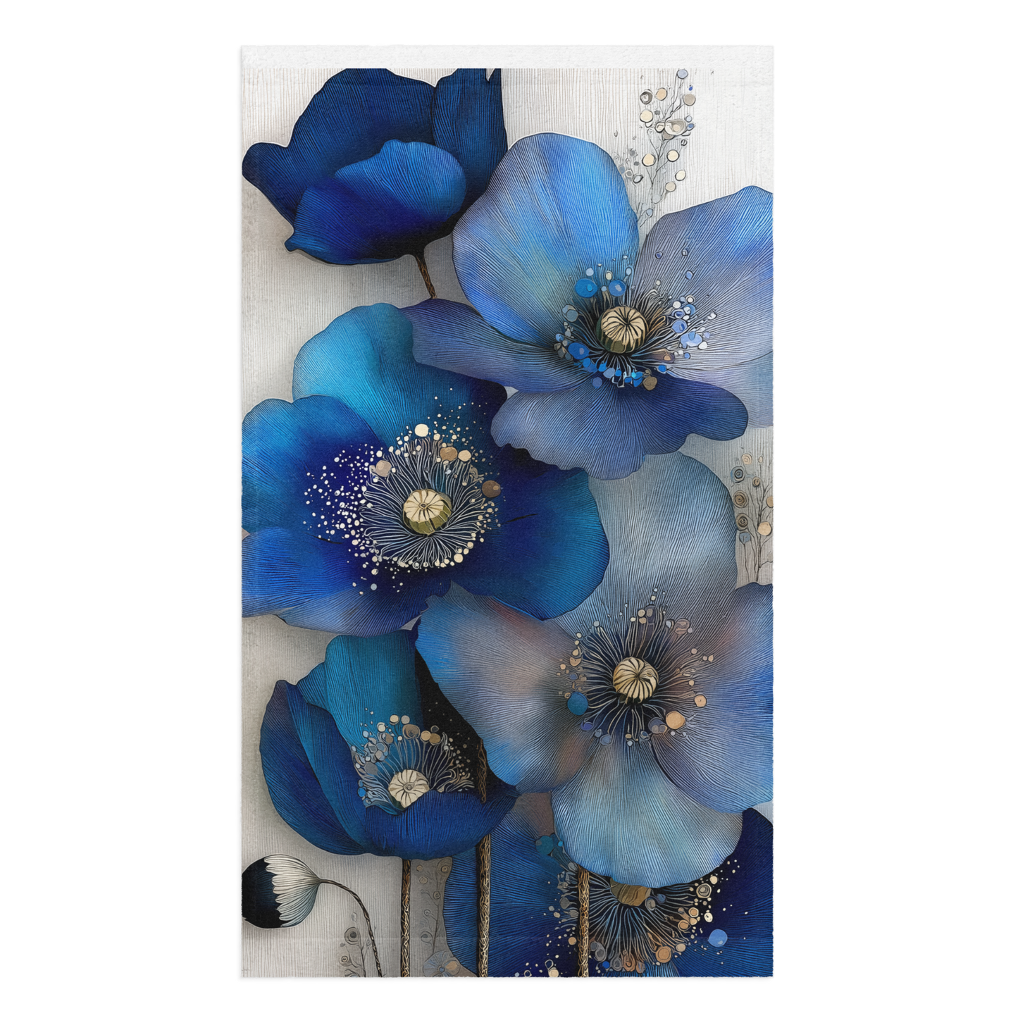 Indigo Poppies Hand Towel II — Soft Print Front, Absorbent Cotton Back (16" × 28")